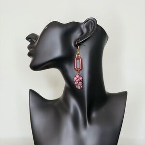 Vintage Red Czech Glass Earrings with Natural Stone and Crystal Dangle.